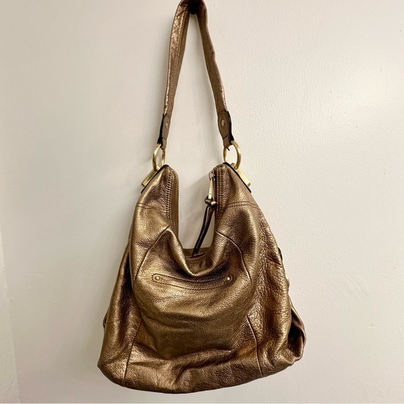 B. Makowsky Metallic Dark Gold 100% Leather Hobo Shoulder Bag - Picture 6 of 10